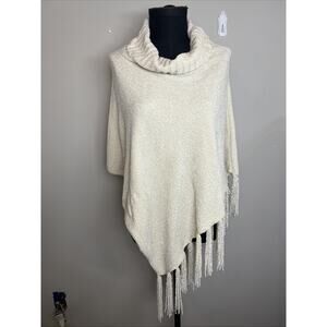 Britt's Knits Beyond Soft Chenille Poncho Ivory Cream Cowl Neck Tassels